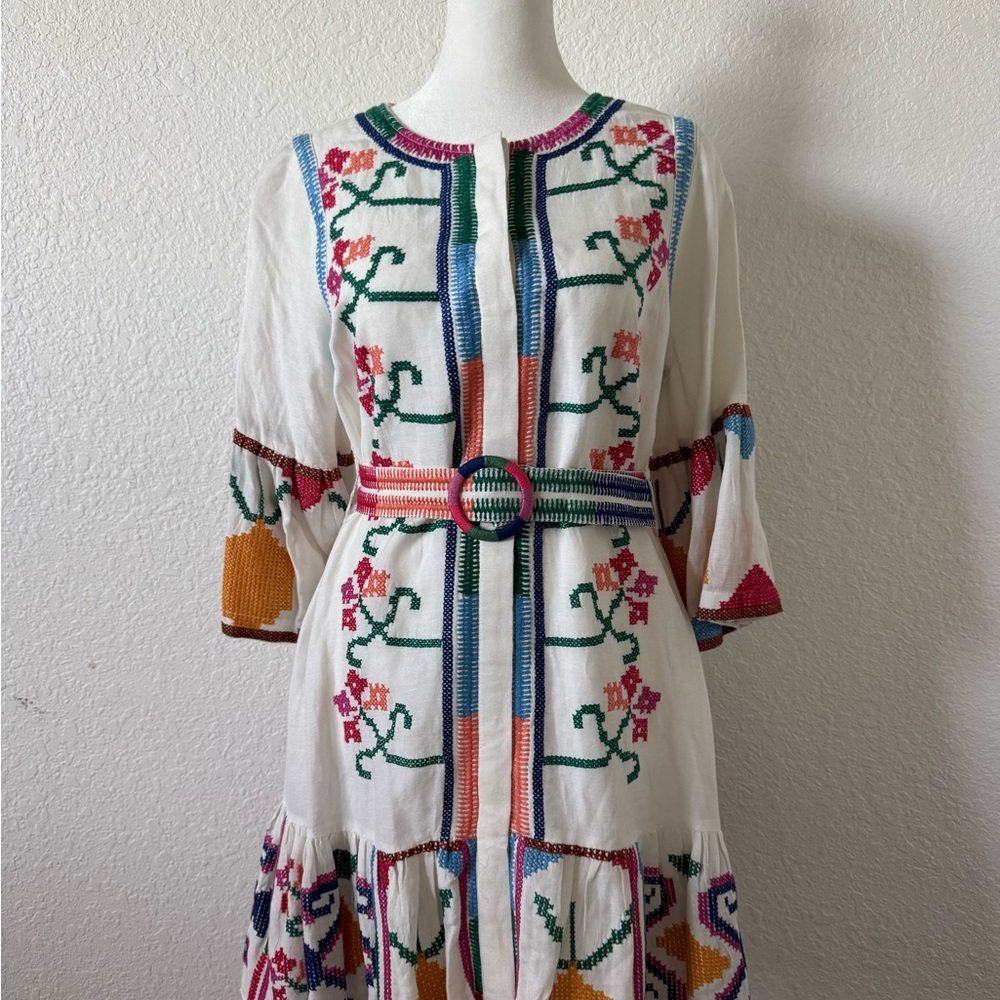 FARM Rio White and Green Sundress with 3/4 Bishop Sleeves and Mandarin Collar